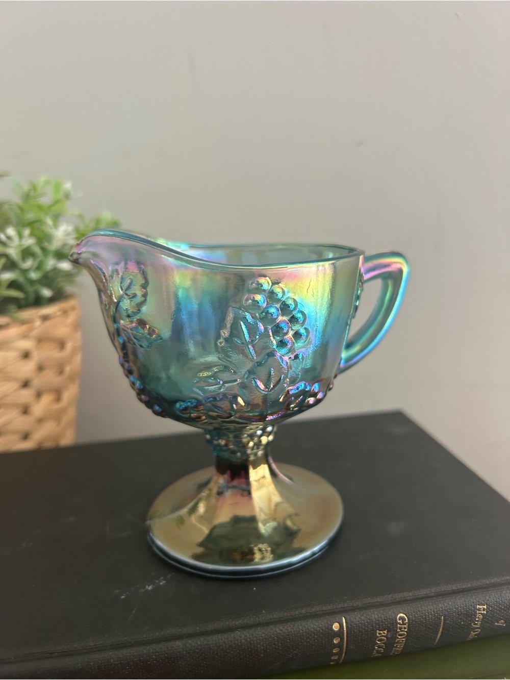 Vtg Depression Carnival Indiana Glass Iridescent Blue Grape Harvest Creamer